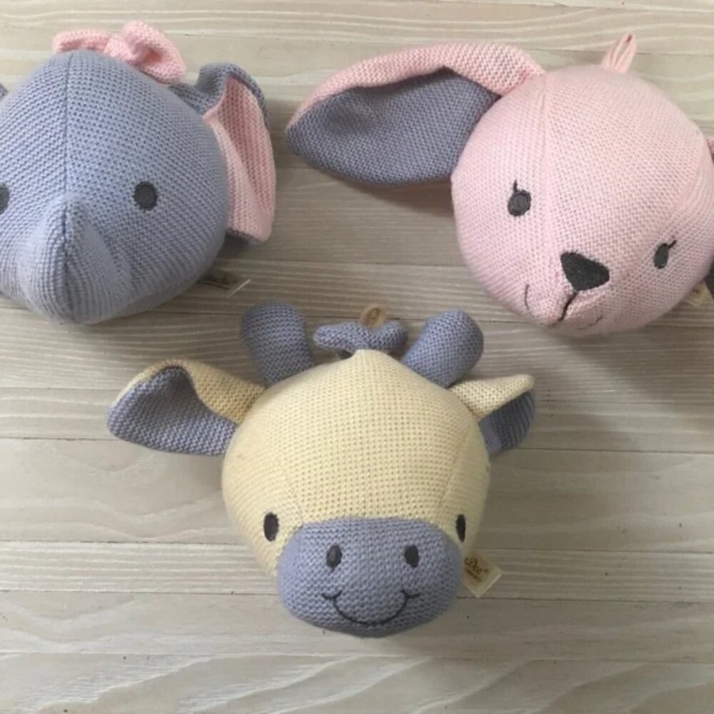 Set of 3 DANDEE Baby Bunny, Elephant, Giraffe Head Plush Stuffed Wall Hangings